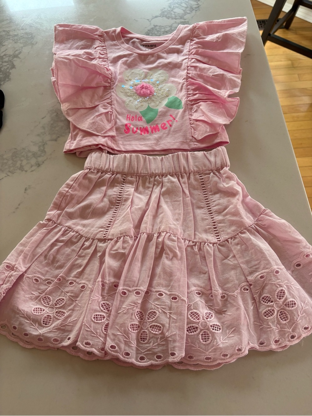 Pink Ruffle Two-Piece Summer Set - Floral Appliqué Tee & Eyelet Skirt